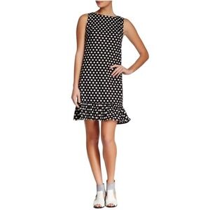 Betsy Johnson Polka Dot Mini Shift Dress 10 Black Ruffle‎ Hem Sleeveless Retro